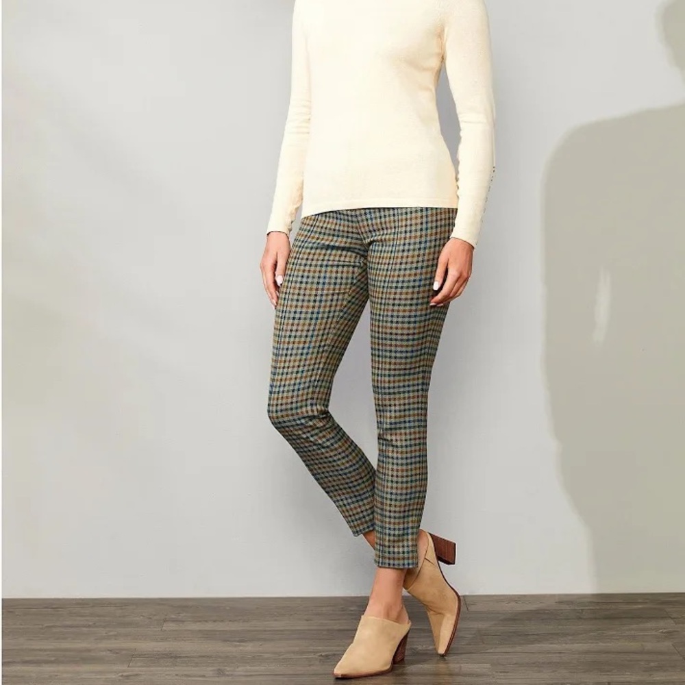 J. McLaughlin Yara Olive Green Blue Houndstooth Plaid Cropped Pants size 2